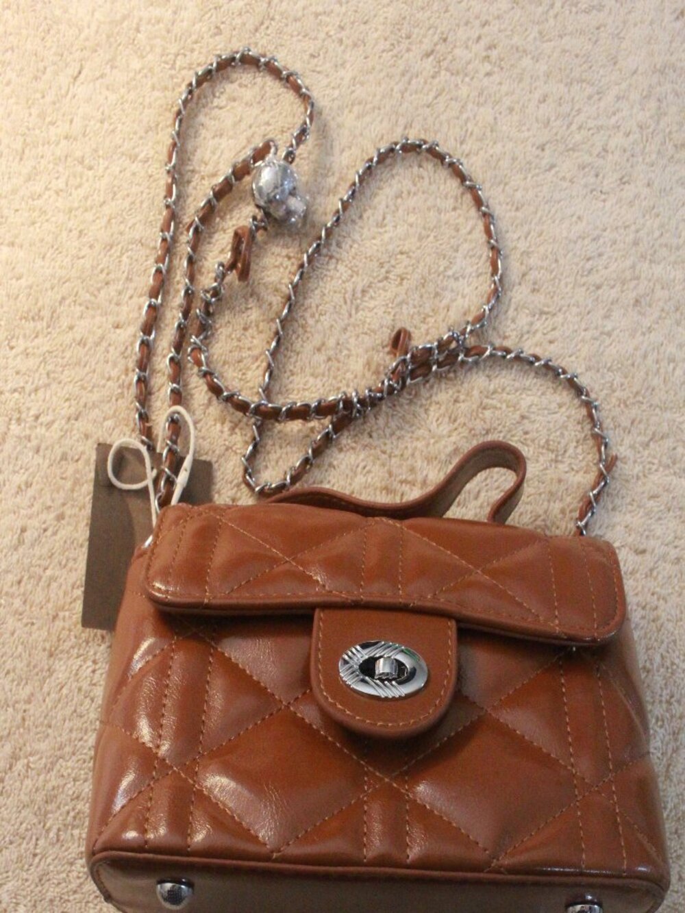 Title: No Filter Cognac Quilted Chain Shoulder Bag